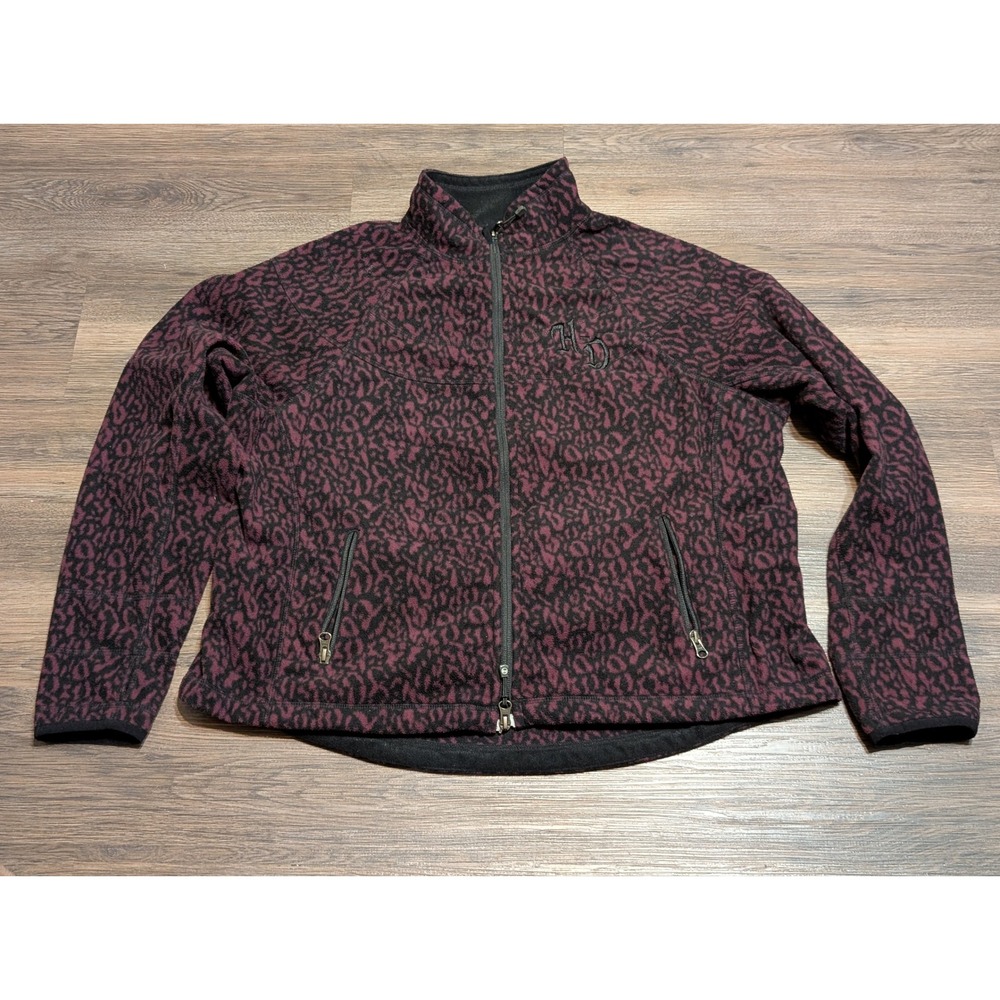 Harley Davidson Womens Fleece Jacket Leopard Print Burgundy Black Full Zip ‎ Med